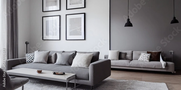 Fototapeta Elegant and comfortable designed living room with big corner sofa. Interior design modern apartment. Generative AI.