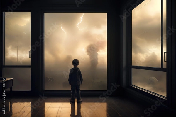 Obraz Lonely child standing at the window watching cataclysm destroyng of the city
