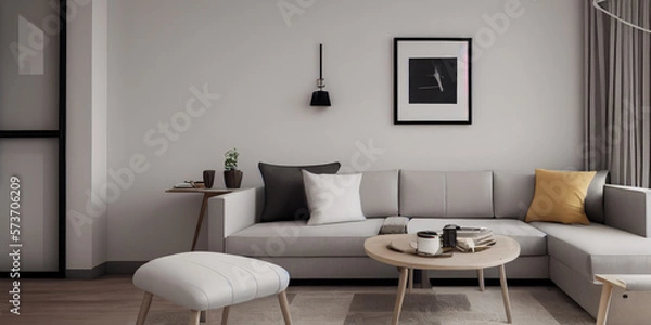 Fototapeta Elegant and comfortable designed living room with big corner sofa. Interior design modern apartment. Generative AI.