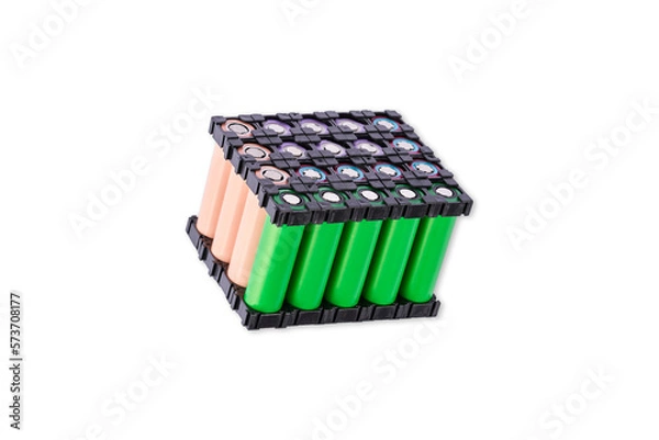 Fototapeta Lithium battery pack in black plastic holder on white background.