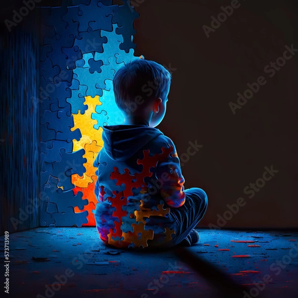 Fototapeta World autism awareness day. Little boy sitting before the wall made from jigsaw puzzle pieces. Child autism concept. Generative AI