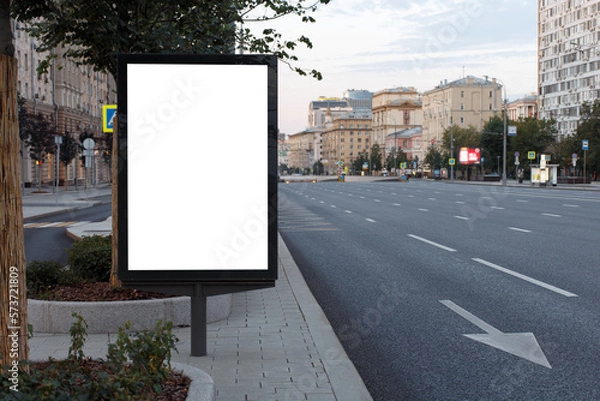 Obraz Vertical billboard advertising in the city. Early morning without anyone. Mock-up.