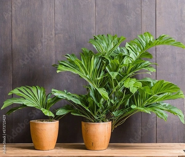 Fototapeta green plant in pot on wooden table