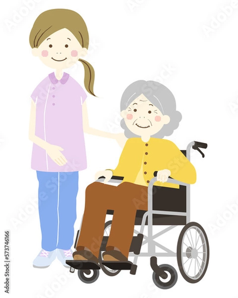 Fototapeta 介護士の女性と車椅子のおばあさん