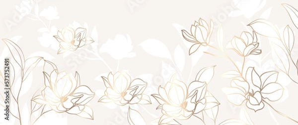 Fototapeta Luxury floral botanical on white background vector. Elegant gold line wallpaper lily, flowers, leaves, foliage, branches in hand drawn. Golden blossom frame design for wedding, invitation.