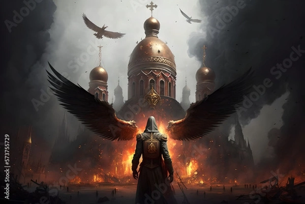 Fototapeta An angel of revenge and fury from ukraine comes to burn down the kremlin and red square, take down moscow, putin and his gang, stop the killing religious, strong, anger at the cruelty of the russians