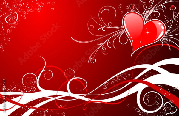 Fototapeta Valentines Day background with Hearts, flowers and wave