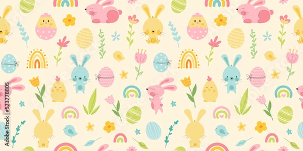 Fototapeta Cute seamless pattern with easter bunny and eggs