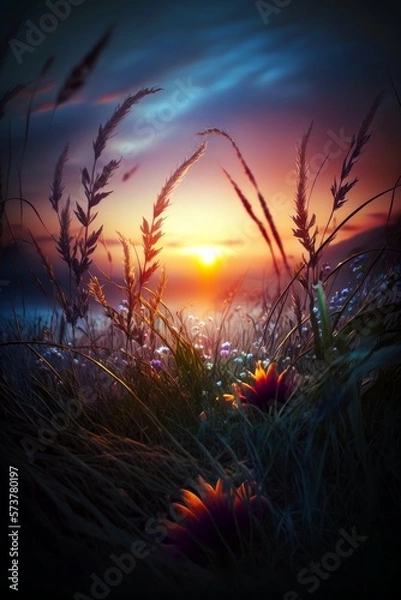 Fototapeta Digital Illustration of Beautiful Nature Scene as the Sun Shines through the Grass, Close-up, Generative AI
