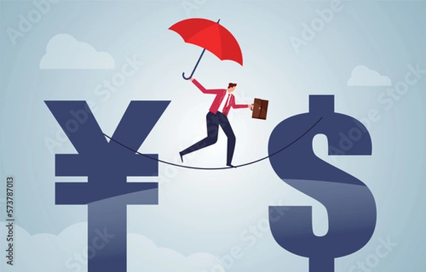 Fototapeta Foreign exchange and currency investment risks, financial policies, currency exchange, businessmen with umbrellas walking a tightrope from the Chinese currency symbol to the dollar sign