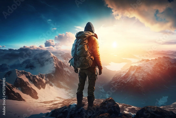 Obraz Hiker in the top of mountain wallpaper. Sunrise in the mountain. Ai generated