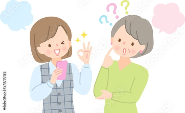 Fototapeta 困っているシニア女性にスマホで検索して伝える若い女性