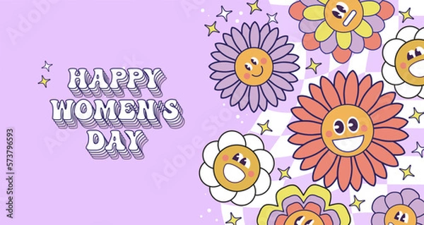 Fototapeta Seventies retro Flower Power background with hippie flowers. International Womens day. 8th March Day. Mothers day. Colorful pastel illustration in 70s 60s vintage style.