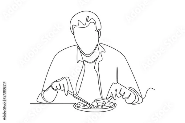 Fototapeta Single one line drawing businessman eating healthy lunch. Healthcare at office concept. Continuous line draw design graphic vector illustration.