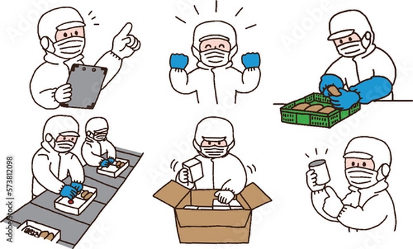 Obraz 食品工場で働く白い衛生服を着た作業員イラストセット