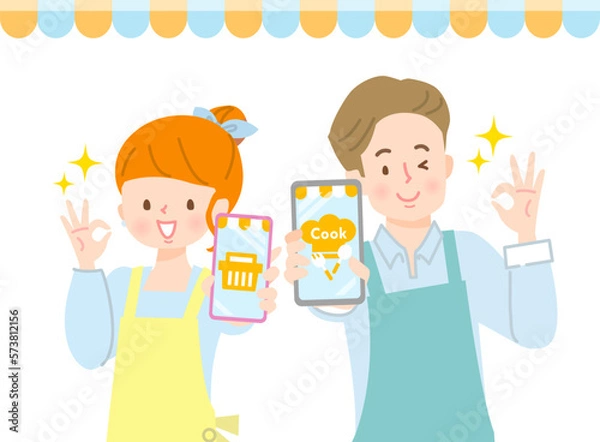 Fototapeta 若い男女がスマホで献立を検索するイメージイラスト