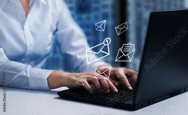 Fototapeta  Person receiving and reading e-mail message on computer. Sending e-mails concept.