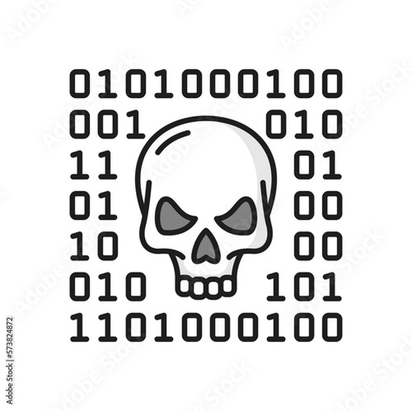 Fototapeta Skull and binary system, cyber attack line icon