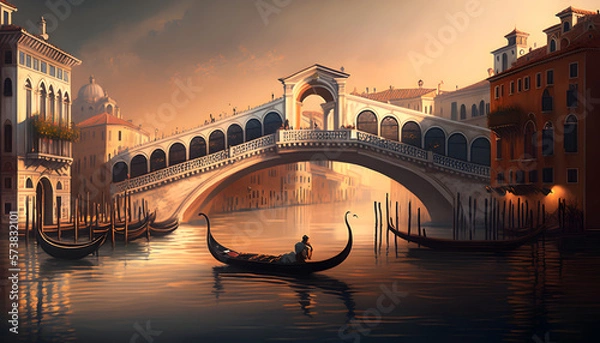 Fototapeta Man is riding a boat under a bridge. The bridge is over a river and the water is calm. The scene is peaceful and serene