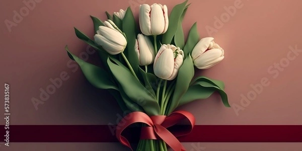 Obraz Bouquet of white tulips with red ribbon on a pink background. Flowers for a holiday. Women's International Day concept. To show attention. Generative AI