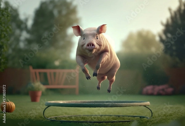 Obraz Funny pig jumping on a trampoline. The green lawn of the backyard. A mock composition. Generative AI