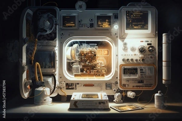 Obraz A detailed illustration of the cutting-edge equipment used by astronauts in their exploration of the cosmos, evoking a sense of scientific wonder and technological advancement, illuminated by the star