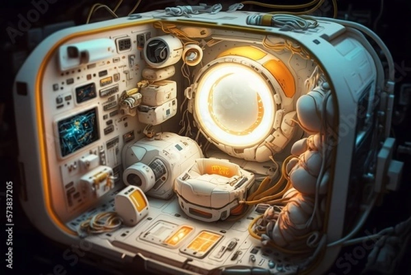 Obraz A detailed illustration of the cutting-edge equipment used by astronauts in their exploration of the cosmos, evoking a sense of scientific wonder and technological advancement, illuminated by the star