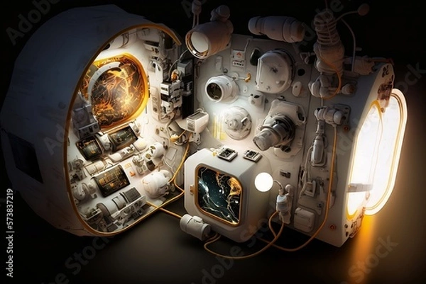 Obraz A detailed illustration of the cutting-edge equipment used by astronauts in their exploration of the cosmos, evoking a sense of scientific wonder and technological advancement, illuminated by the star
