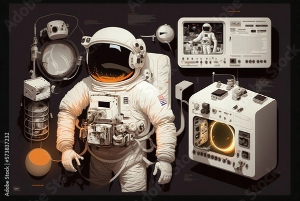 Obraz A detailed illustration of the cutting-edge equipment used by astronauts in their exploration of the cosmos, evoking a sense of scientific wonder and technological advancement, illuminated by the star