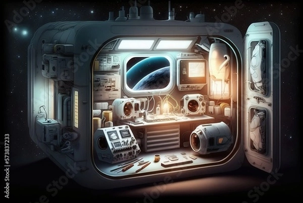 Obraz A detailed illustration of the cutting-edge equipment used by astronauts in their exploration of the cosmos, evoking a sense of scientific wonder and technological advancement, illuminated by the star