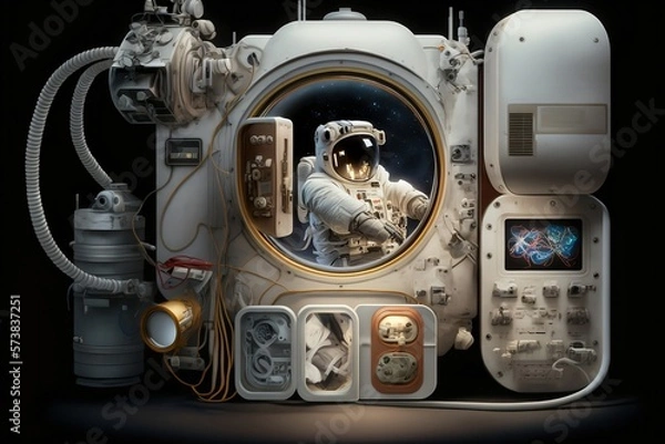 Obraz A detailed illustration of the cutting-edge equipment used by astronauts in their exploration of the cosmos, evoking a sense of scientific wonder and technological advancement, illuminated by the star