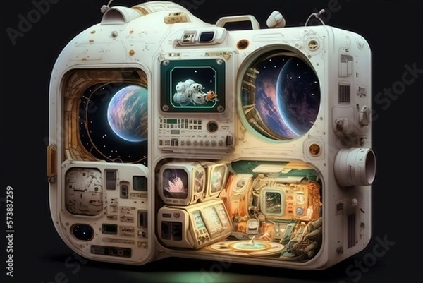 Obraz A detailed illustration of the cutting-edge equipment used by astronauts in their exploration of the cosmos, evoking a sense of scientific wonder and technological advancement, illuminated by the star
