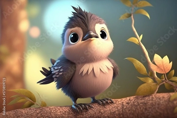 Fototapeta a cute adorable sparrow character  stands in nature in the style of children-friendly cartoon animation fantasy generative ai 3D style Illustration 	