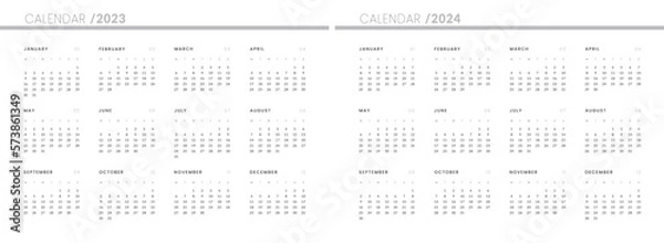 Fototapeta Set of 2023-2024 Annual Calendar template. Vector layout of a wall or desk simple calendar with week start monday.