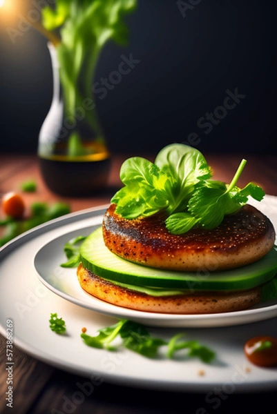 Fototapeta Juicy, tasty burger with cucumber and lettuce. Created with generative AI