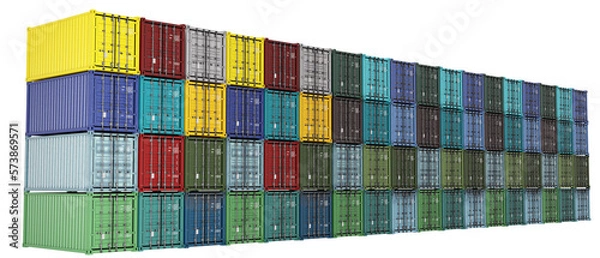 Fototapeta Wall of shipping containers. Multicolored containers isolated on white. Warehouse containers arranged in row. Tare for automotive or marine logistics. Tare for transportation and storage. 3d image.