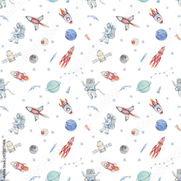 Obraz Watercolor illustration. Seamless pattern from hand painted spacemen, rockets, spaceships in outer space. Planets Uranus, Neptun, moon, stars, comet, Ursa Major. Space Day. Print on white background