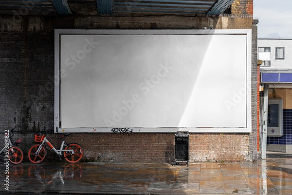 Fototapeta Blank billboard sign mockup in the urban environment, on the facade, empty space to display your advertising or branding campaign