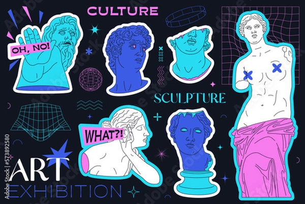 Fototapeta A set of ancient Greek statues in a modern line style. Sculptures in neon colors, a set of antique trend stickers. Editable stroke