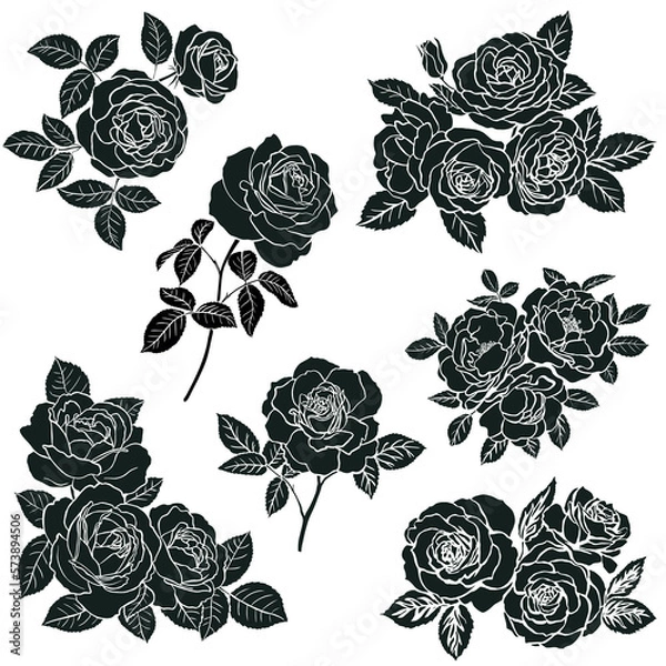 Obraz Black silhouette of rose isolated on white background. Vector illustration.