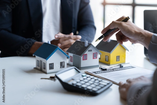 Fototapeta Two young Asian businessmen or architects are describing architectural house model in their office together for the construction of  housing estate project in  prime location the location is perfect