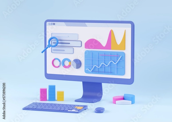 Fototapeta Seo 3d research render illustration -data analytics creative concept. Social media web infographic design