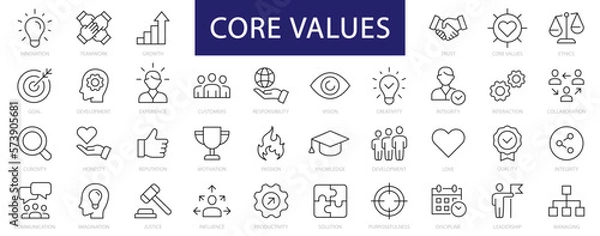 Obraz Core Values thin line icons set. Core Values, Integrity, Innovation, Growth, Goal, Trust, Teamwork, Customers, Ethics, Motivation, Vision editable stroke icon. Vector