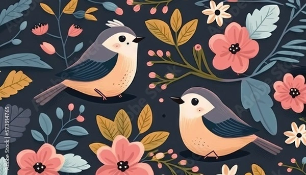Fototapeta  a couple of birds sitting on top of a flower covered field of leaves and flowers on a black background with pink, blue, yellow and white flowers.  generative ai