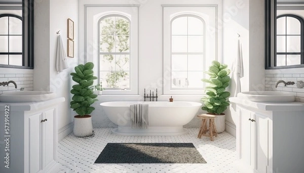Fototapeta  a bathroom with a tub, sink, toilet and a rug on the floor with a plant in the corner of the bathtub and two windows.  generative ai