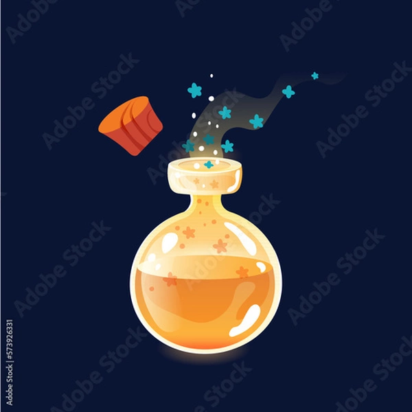 Fototapeta  Glass bottle with amber liquid and flowers in it. Cartoon vector illustration.