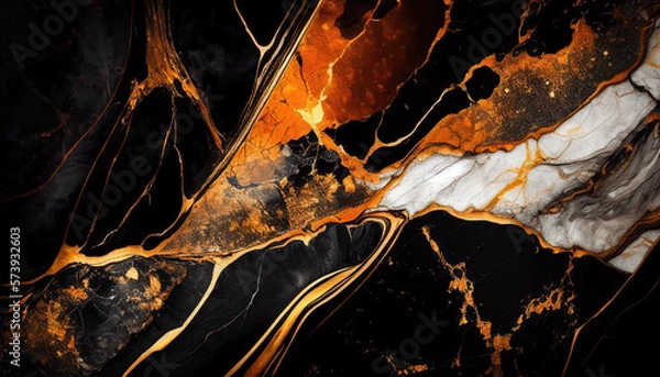 Obraz Abstract black and orange marble liquid texture with gold splashes, luxury background	