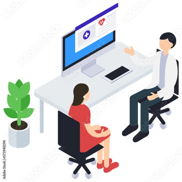 Obraz 診察・説明をする男性医師と患者のアイソメトリックイラスト