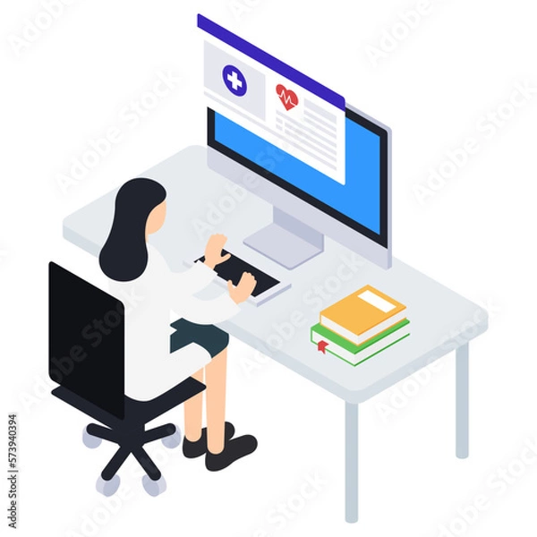 Fototapeta 電子カルテを使う女性医師のアイソメトリックイラスト