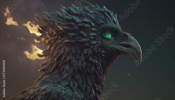 Obraz  a close up of a bird with a green eye in the sky.  generative ai
